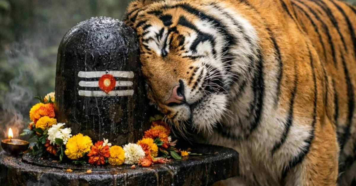 बाघ की भक्ति दर्शाता हुआ धार्मिक और आस्था से जुड़ा दृश्य