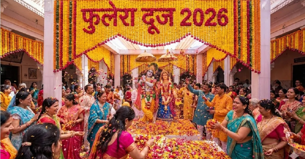 फुलेरा दूज 2026 पर राधा कृष्ण की पूजा और फूलों से सजावट
