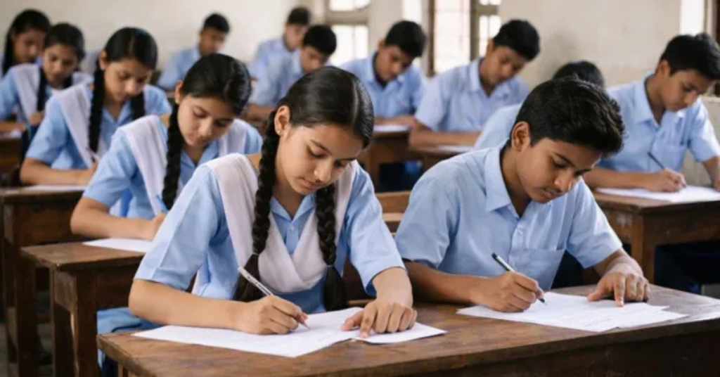 MP बोर्ड परीक्षा 2026 के दौरान परीक्षा केंद्र पर बैठे छात्र-छात्राओं की तस्वीर