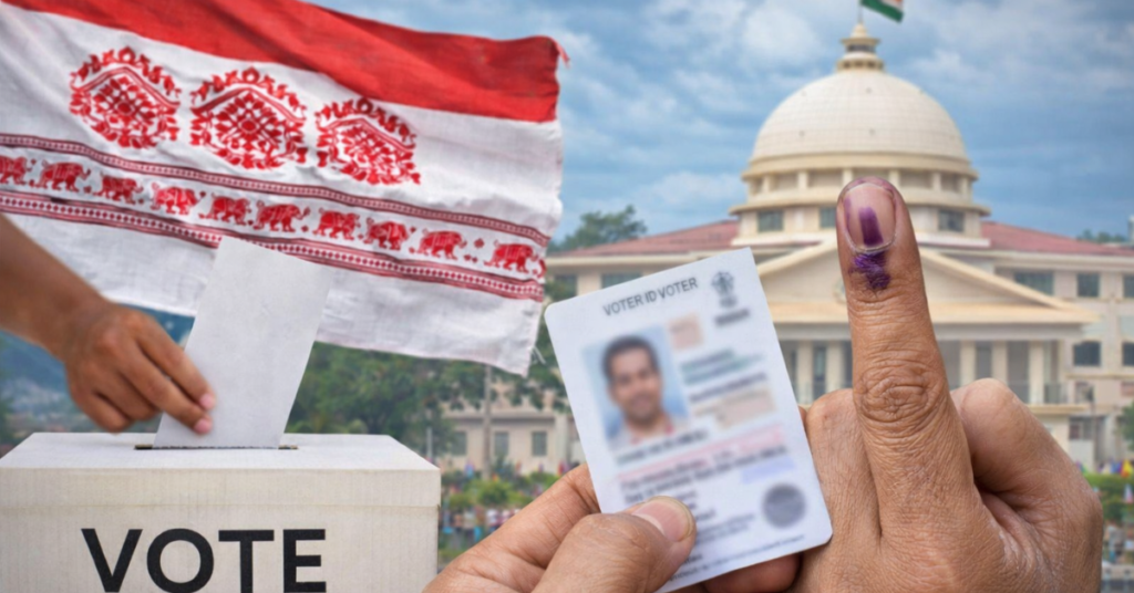असम विधानसभा चुनाव 2026 में वोटिंग प्रक्रिया और मतदाता जागरूकता को दर्शाता चित्र