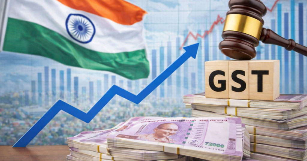 भारत का जीएसटी कलेक्शन और टैक्स रेवेन्यू ग्रोथ को दर्शाता चित्र