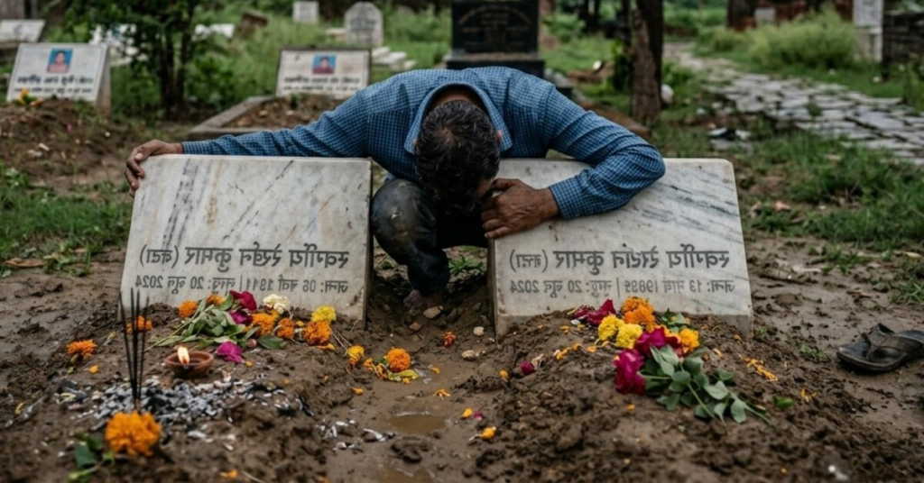 महोबा की दर्दनाक घटना में बेटे और पत्नी की कब्र के पास पिता की भावुक यादों को दर्शाती तस्वीर